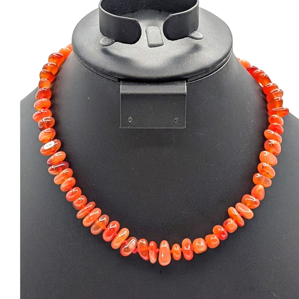 925 Sterling Silver Carnelian Agate Stone Bead Choker 17.5" Necklace